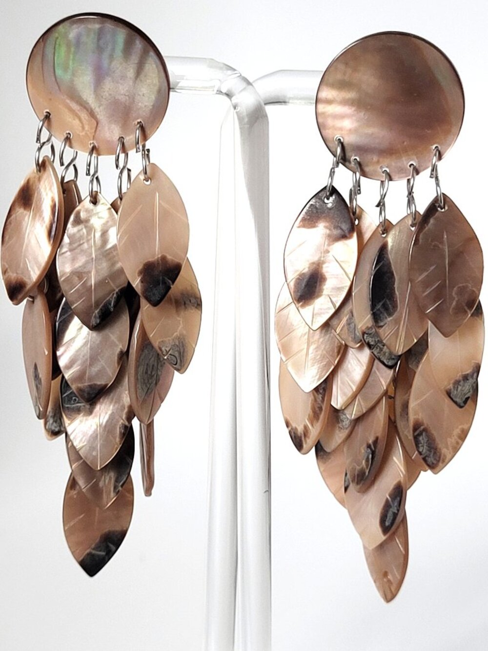 Dangle Carved Mother Of Pearl Chandelier Leaf Drop Earrings 3"